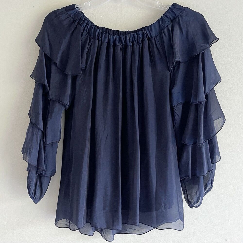 Le Marais Paris Navy Blue Silk Top M Off Shoulders Tiered Long Sleeves